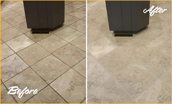 Before and After Picture of a Secretary Kitchen Floor Grout Sealed to Remove Stains