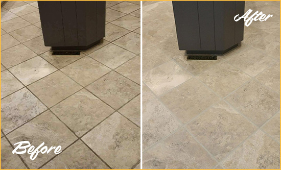 Before and After Picture of a Willards Kitchen Floor Grout Sealed to Remove Stains