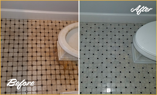 Before and After Picture of a Birdsnest Bathroom Floor Cleaned to Remove Embedded Dirt
