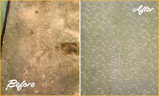 Before and After Picture of a Linkwood Mosaic Shower Cleaned to Eliminate Embedded Dirt