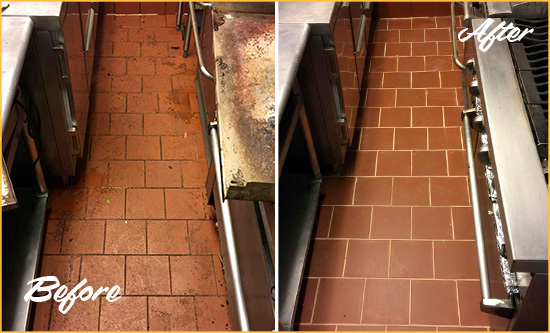 Before and After Picture of a Dull Saint Michaels Restaurant Kitchen Floor Cleaned to Remove Grease Build-Up
