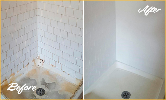 Before and After Picture of a Hallwood Shower Cleaned to Eliminate Mold