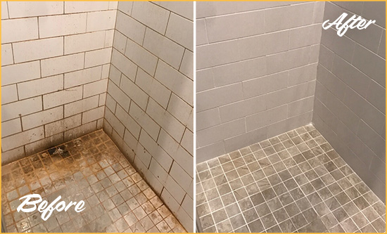 Before and After Picture of a Mappsville Ceramic Shower Cleaned to Eliminate Rust Stains