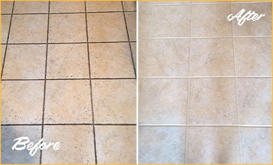 Before and After Picture of a Machipongo Ceramic Floor Cleaned to Remove Soil