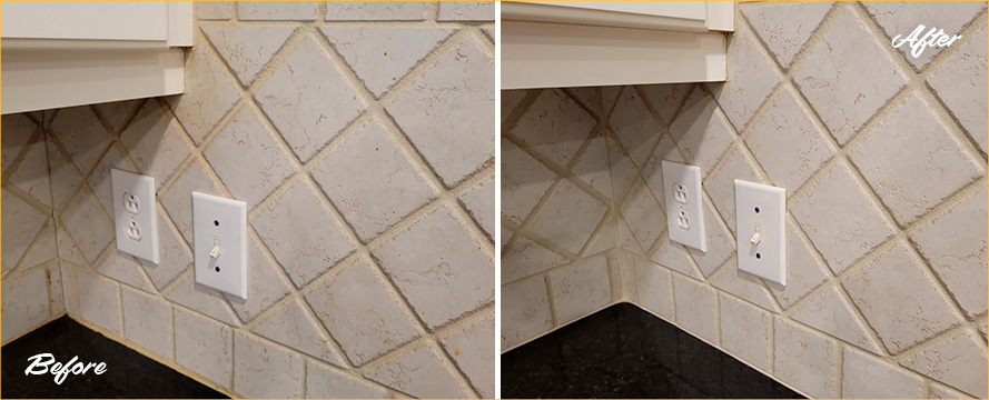 Close-Up of Kitchen Backsplash Before and After a Grout Cleaning in Ocean City